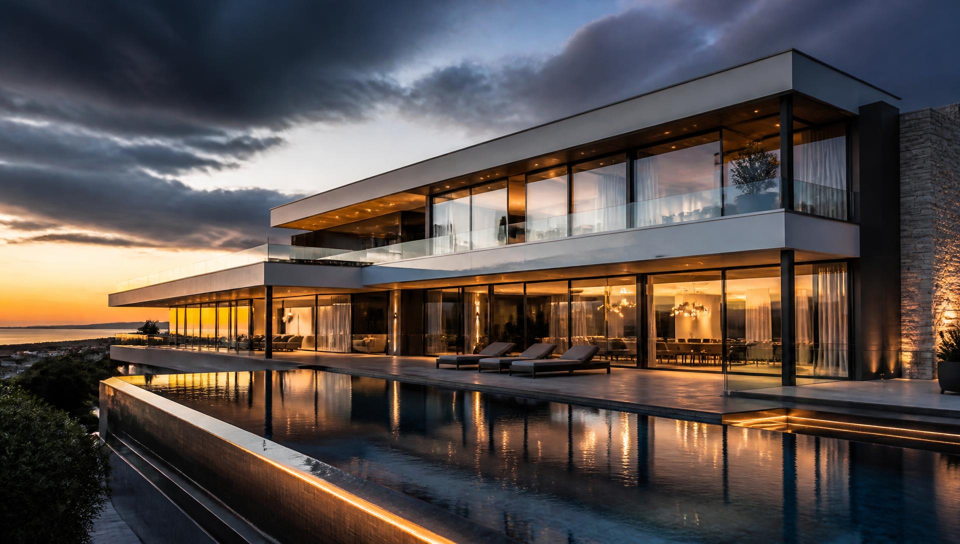 Luxury modern New South Wales home illuminated at dusk, immaculately maintained by AVALUX